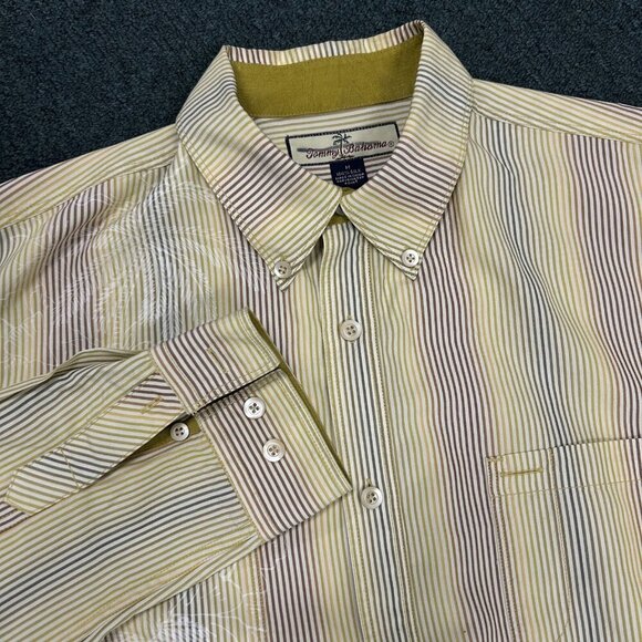 Tommy Bahama Gold 100% Silk Stripe Palm Tree Motif Long Sleeve Shirt Size L - Picture 8 of 13